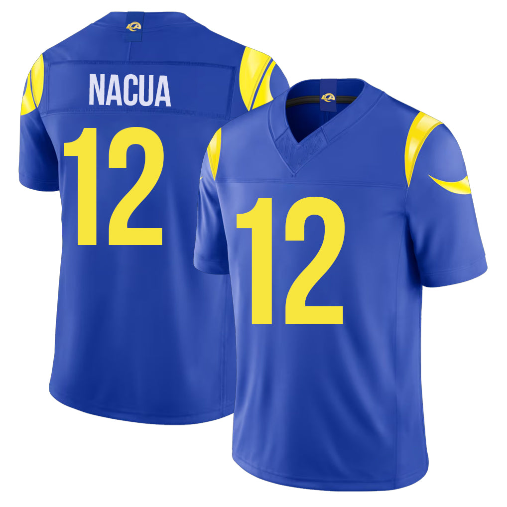Los Angeles R #12 Nacua Player Football V Neck Short Sleeve Royal Jersey Puka For Men Youth Women Gift