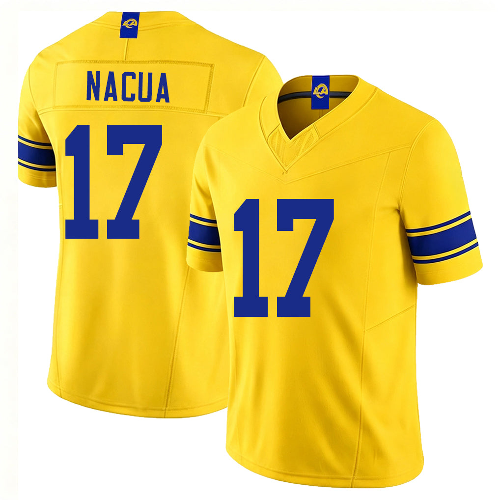 Los Angeles R #17 Nacua Player Football V Neck Short Sleeve Gold Jersey Puka For Men Youth Women Gift
