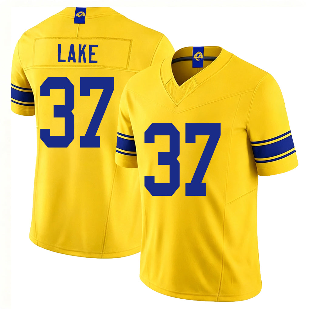 Los Angeles R #37 Lake Player Football V Neck Short Sleeve Gold Jersey Quentin For Men Youth Women Gift