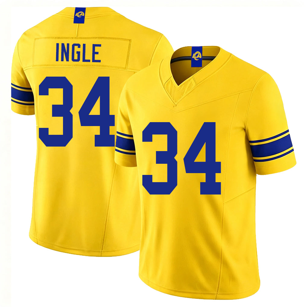 Los Angeles R #34 Ingle Player Football V Neck Short Sleeve Gold Jersey Tanner For Men Youth Women Gift