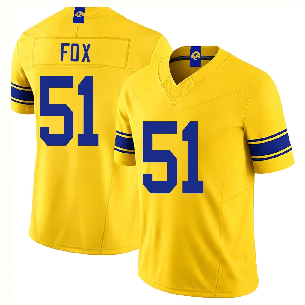 Los Angeles R #51 Fox Player Football V Neck Short Sleeve Gold Jersey Tomon For Men Youth Women Gift