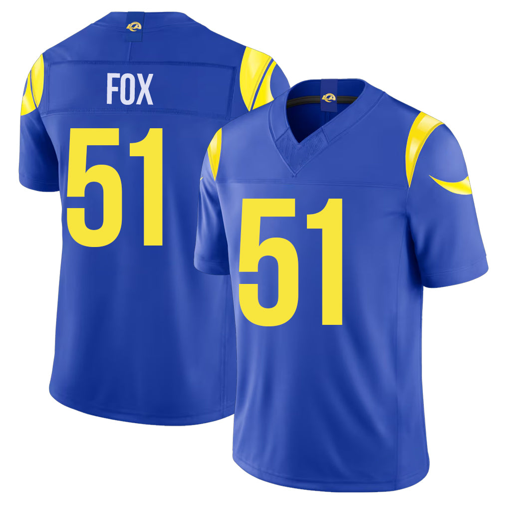 Los Angeles R #51 Fox Player Football V Neck Short Sleeve Royal Jersey Tomon For Men Youth Women Gift
