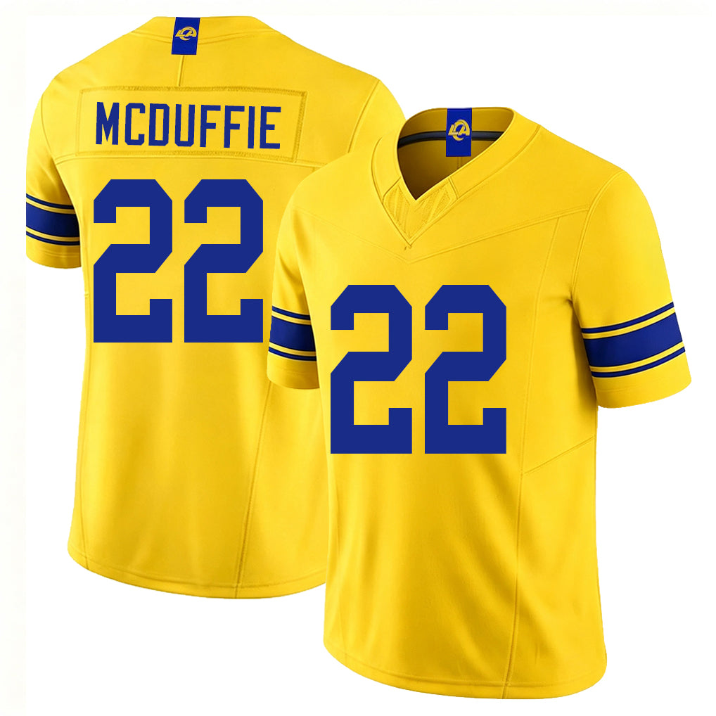 Los Angeles R #22 McDuffie Player Football V Neck Short Sleeve Gold Jersey Trent For Men Youth Women Gift