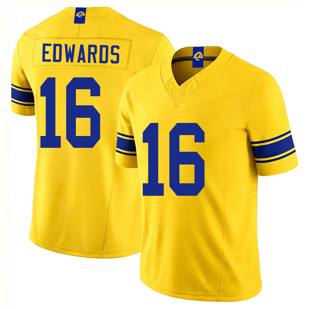 Los Angeles R #16 Edwards Player Football V Neck Short Sleeve Gold Jersey Tru For Men Youth Women Gift