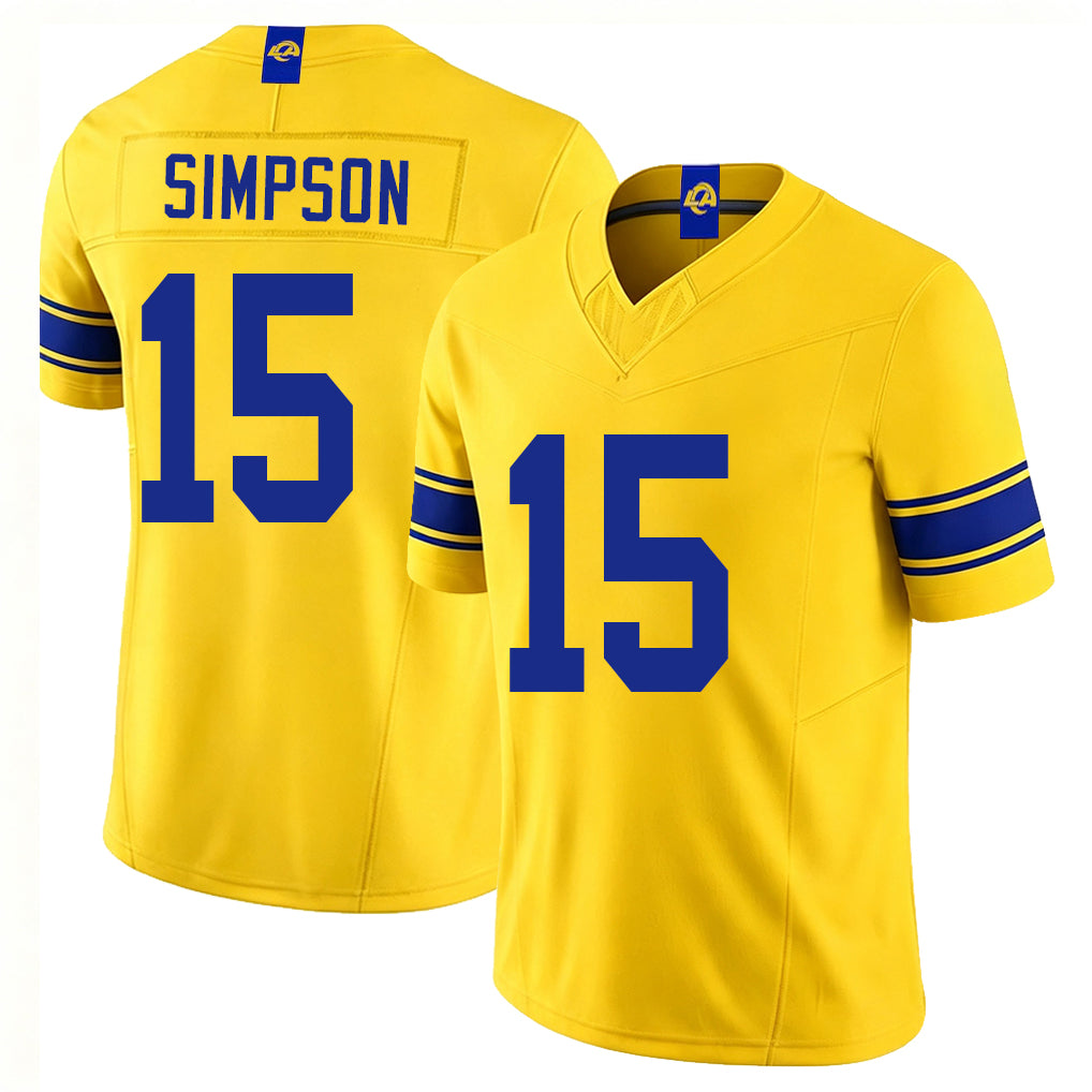 Los Angeles R #15 Simpson Player Football V Neck Short Sleeve Gold Jersey Ty For Men Youth Women Gift