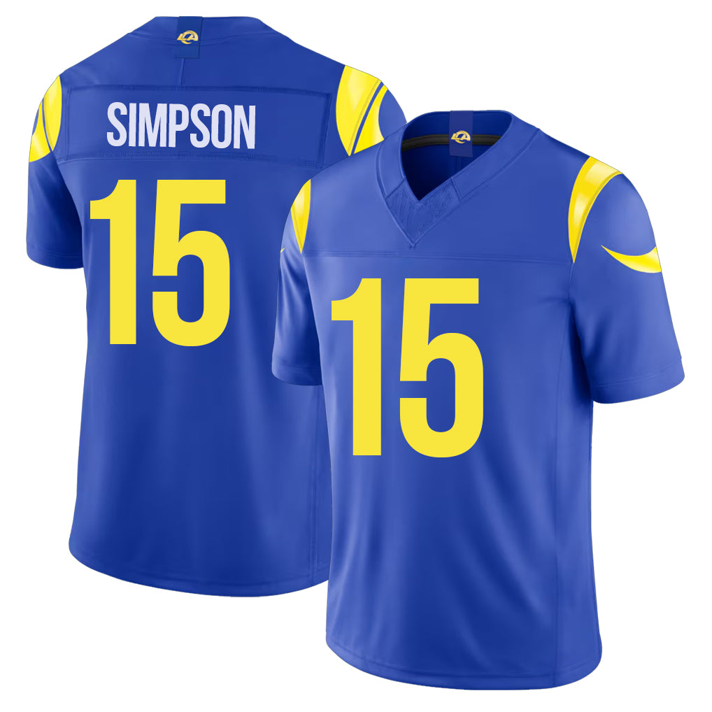Los Angeles R #15 Simpson Player Football V Neck Short Sleeve Royal Jersey Ty For Men Youth Women Gift
