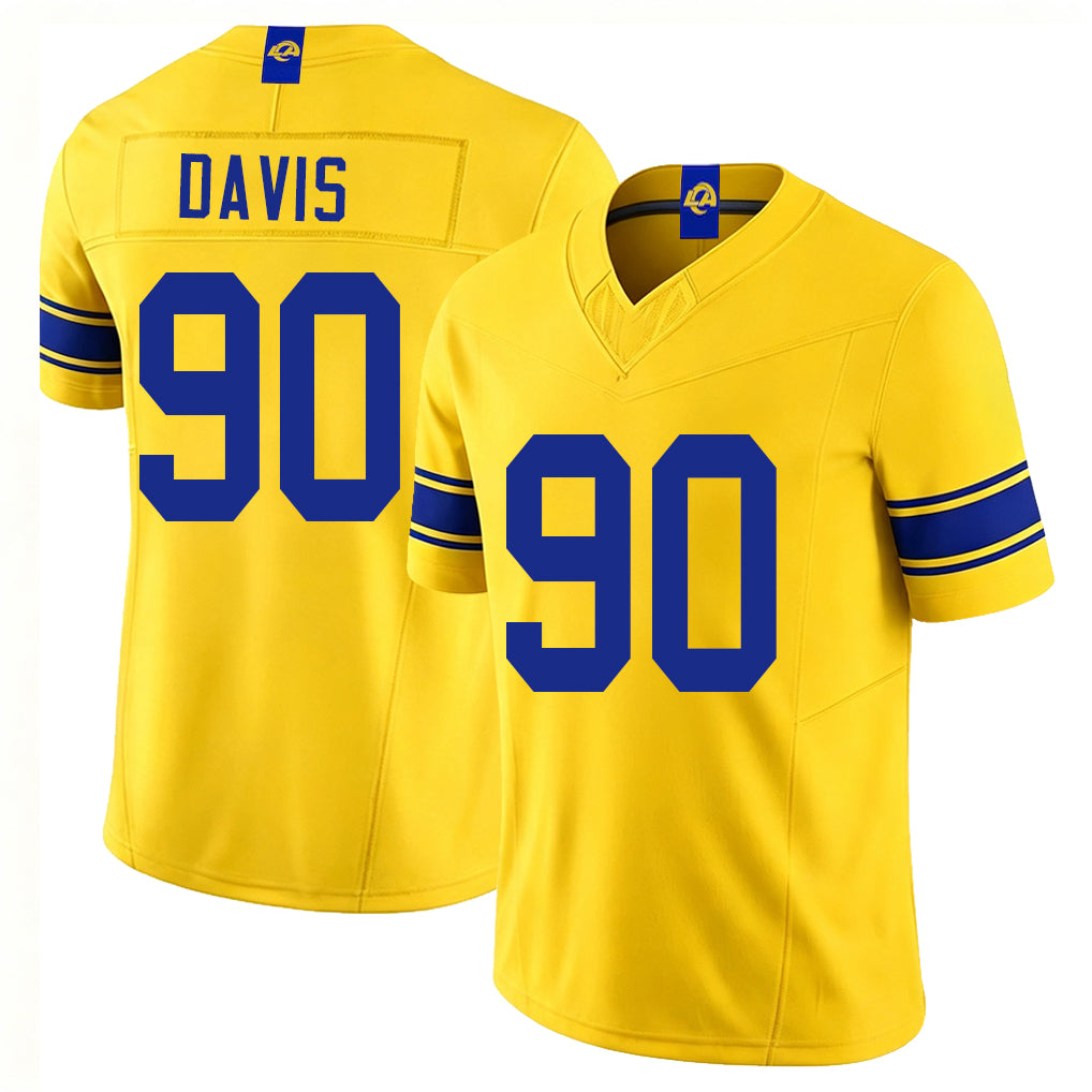 Los Angeles R #90 Davis Player Football V Neck Short Sleeve Gold Jersey Tyler For Men Youth Women Gift