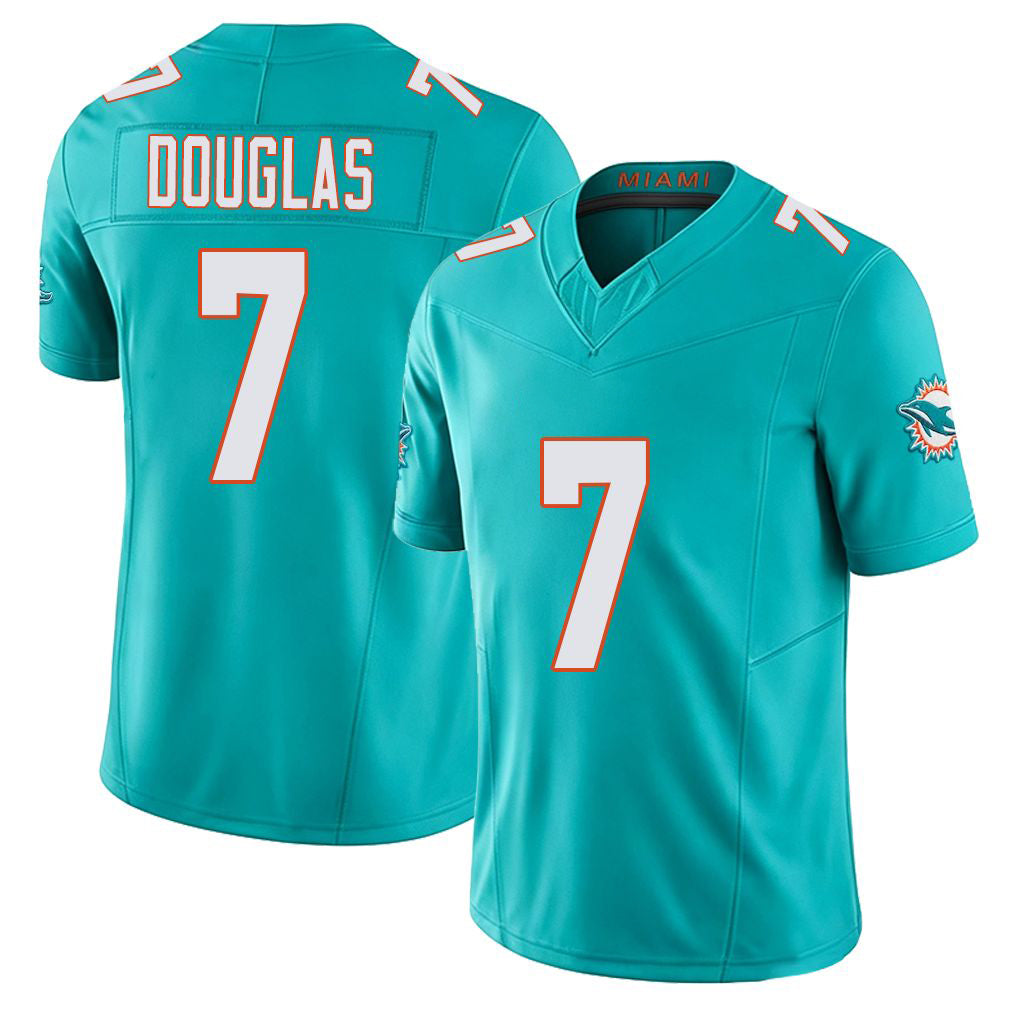 Miami #7 Douglas Player Football V Neck Short Sleeve Jersey Aqua Caleb For Men Youth Women Gift