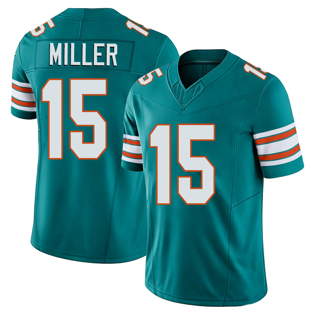 Miami #15 Miller Player Football V Neck Short Sleeve Aqua Jersey Cam For Men Youth Women Gift