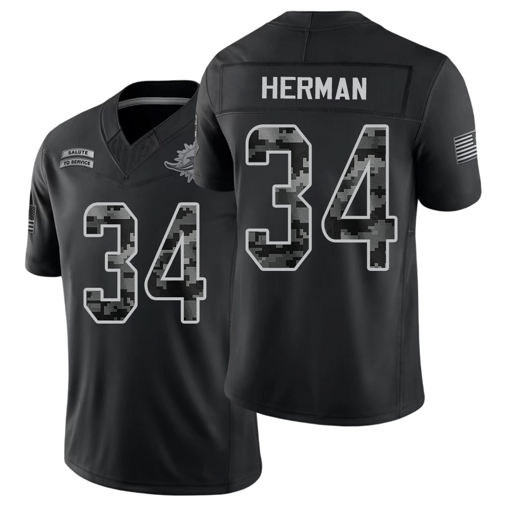 Miami #34 Herman Player Football V Neck Short Sleeve Black Jersey DJ For Men Youth Women Gift