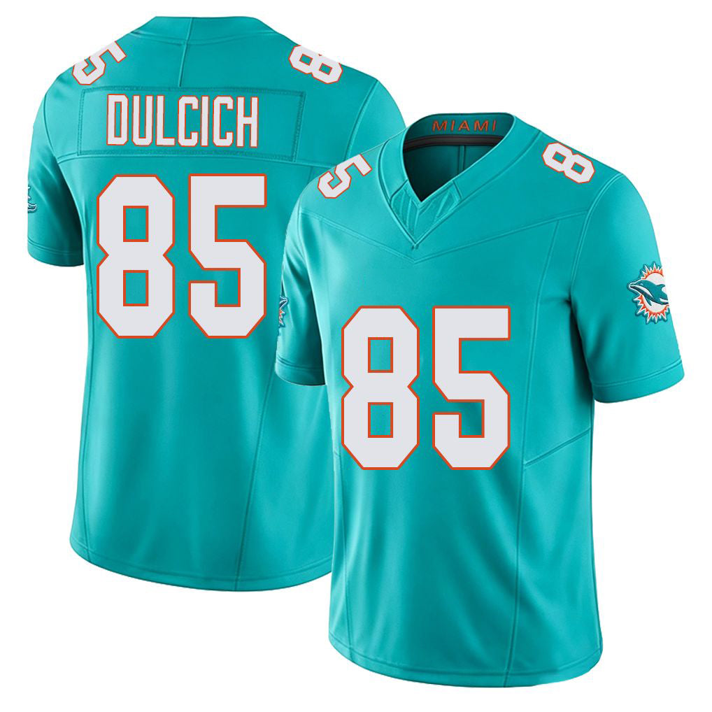Miami #85 Dulcich Player Football V Neck Short Sleeve Jersey Aqua Greg For Men Youth Women Gift
