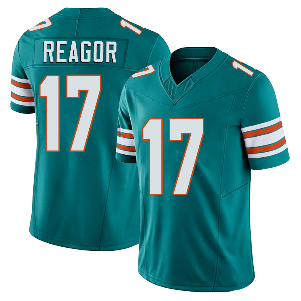 Miami #17 Reagor Player Football V Neck Short Sleeve Aqua Jersey Jalen For Men Youth Women Gift