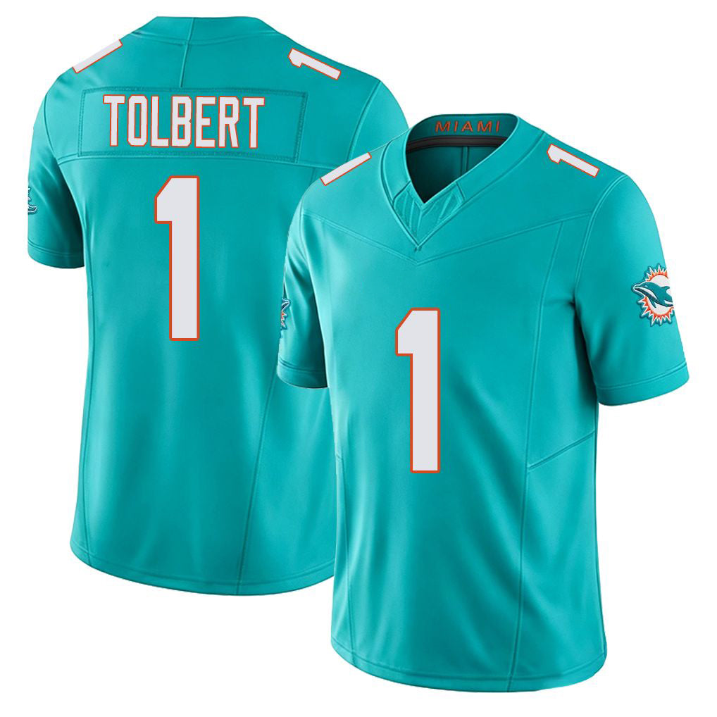 Miami #1 Tolbert Player Football V Neck Short Sleeve Jersey Aqua Jalen For Men Youth Women Gift