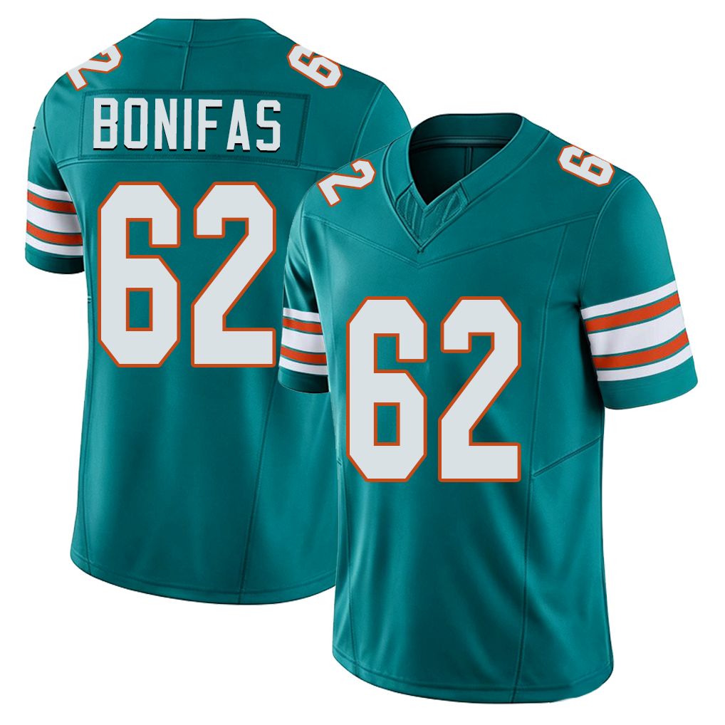Miami #62 Bonifas Player Football V Neck Short Sleeve Aqua Jersey Jim For Men Youth Women Gift