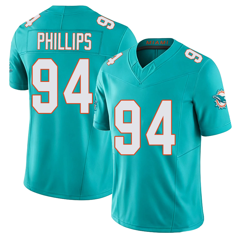 Miami #94 Phillips Player Football V Neck Short Sleeve Jersey Aqua Jordan For Men Youth Women Gift