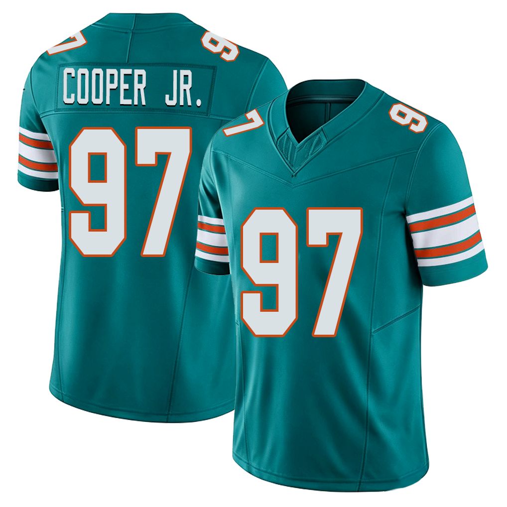Miami #97 Cooper Jr. Player Football V Neck Short Sleeve Aqua Jersey Keith For Men Youth Women Gift