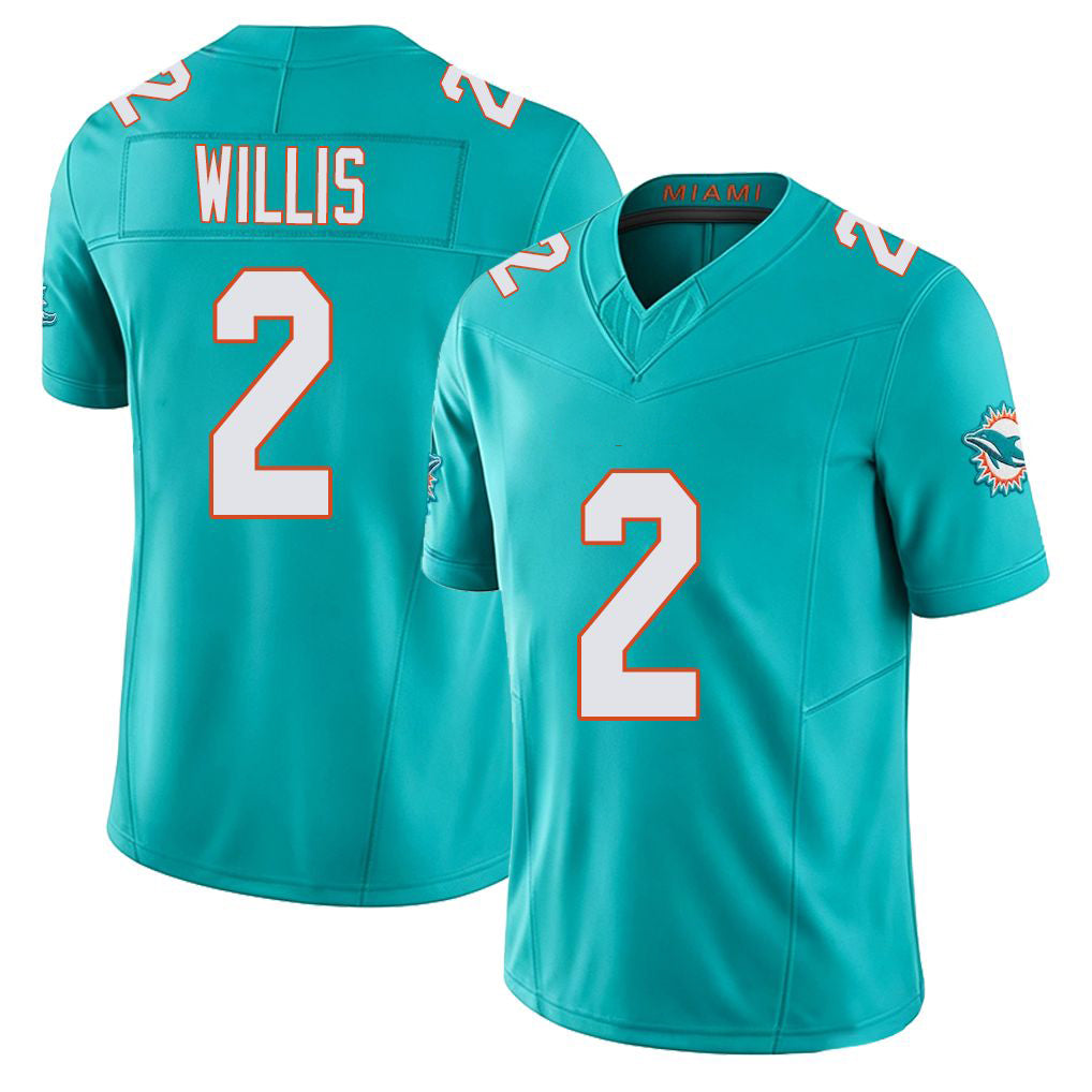 Miami #2 Willis Player Football V Neck Short Sleeve Jersey Aqua Malik For Men Youth Women Gift