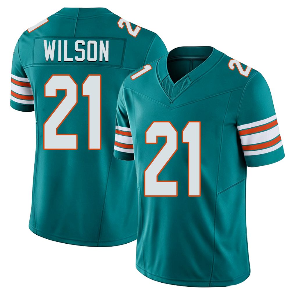 Miami #21 Wilson Player Football V Neck Short Sleeve Aqua Jersey Marco For Men Youth Women Gift