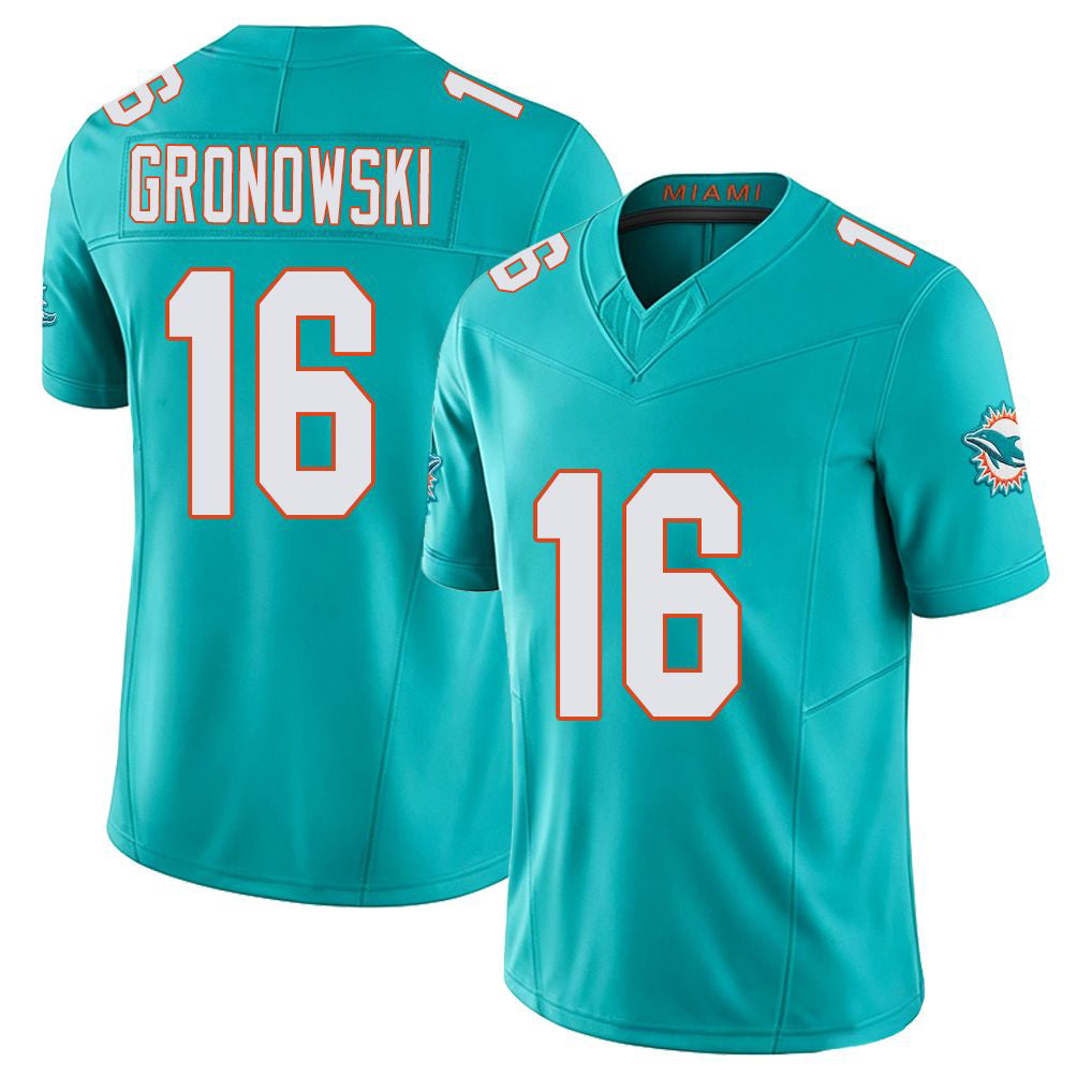 Miami #16 Gronowski Player Football V Neck Short Sleeve Jersey Aqua Mark For Men Youth Women Gift