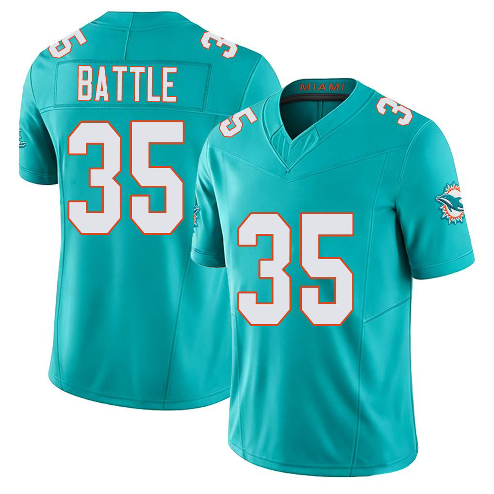 Miami #35 Battle Player Football V Neck Short Sleeve Jersey Aqua Miles For Men Youth Women Gift
