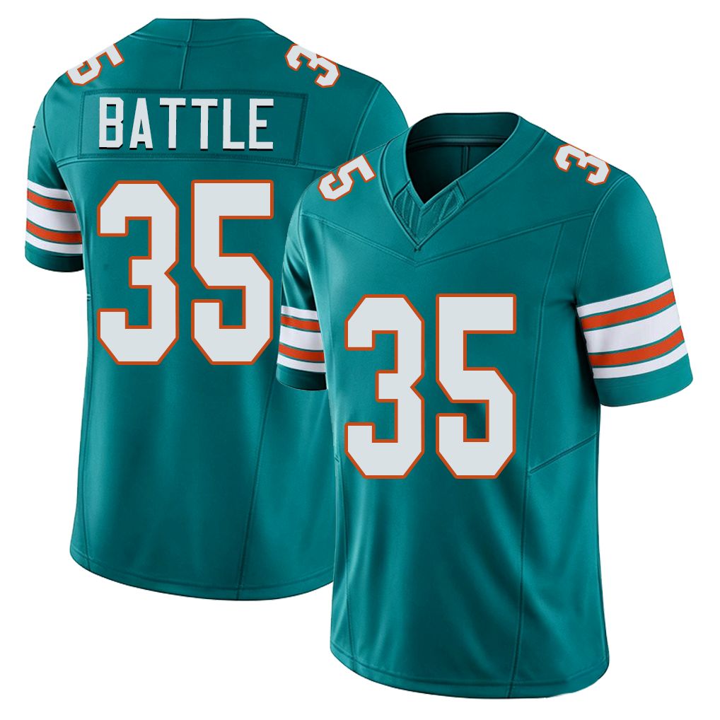 Miami #35 Battle Player Football V Neck Short Sleeve Aqua Jersey Miles For Men Youth Women Gift