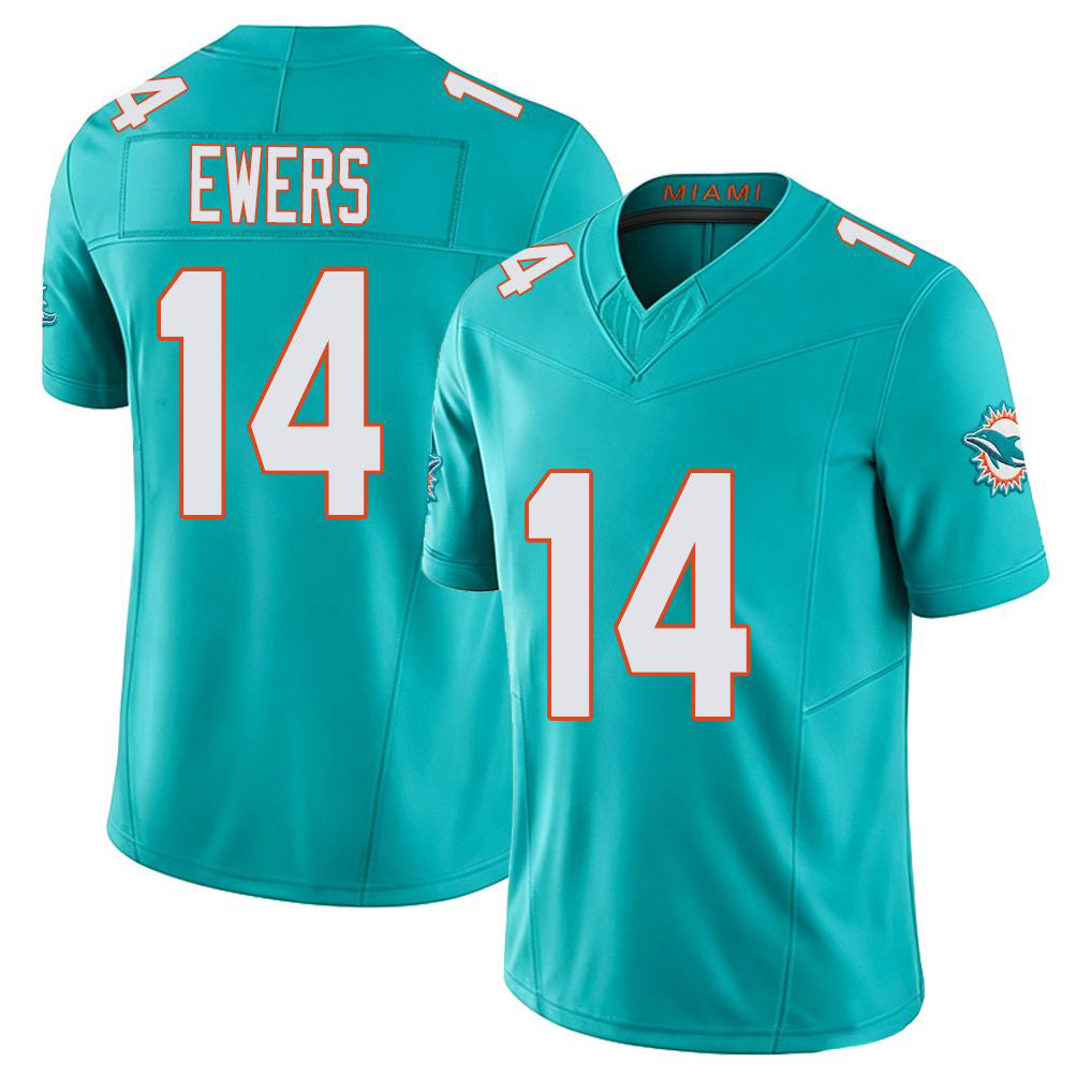Miami #14 Ewers Player Football V Neck Short Sleeve Jersey Aqua Quinn For Men Youth Women Gift