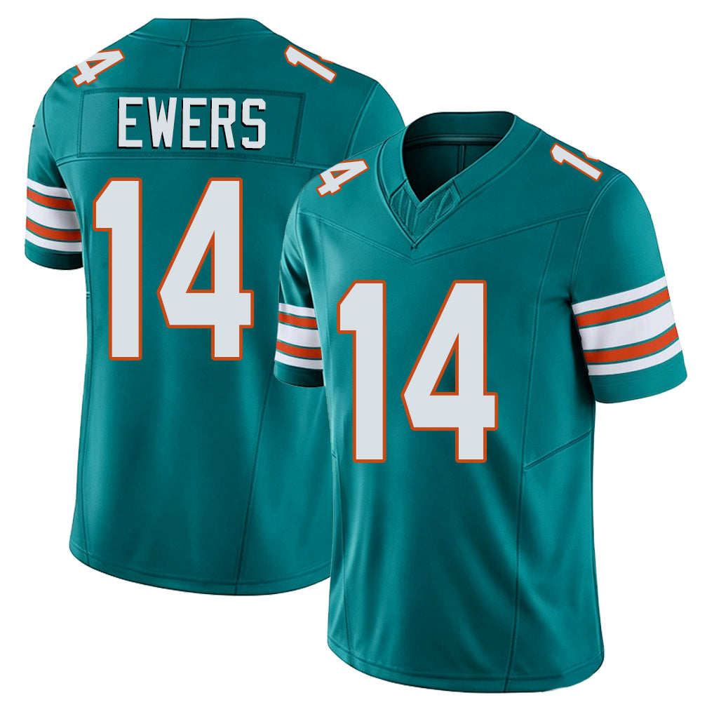 Miami #14 Ewers Player Football V Neck Short Sleeve Aqua Jersey Quinn For Men Youth Women Gift