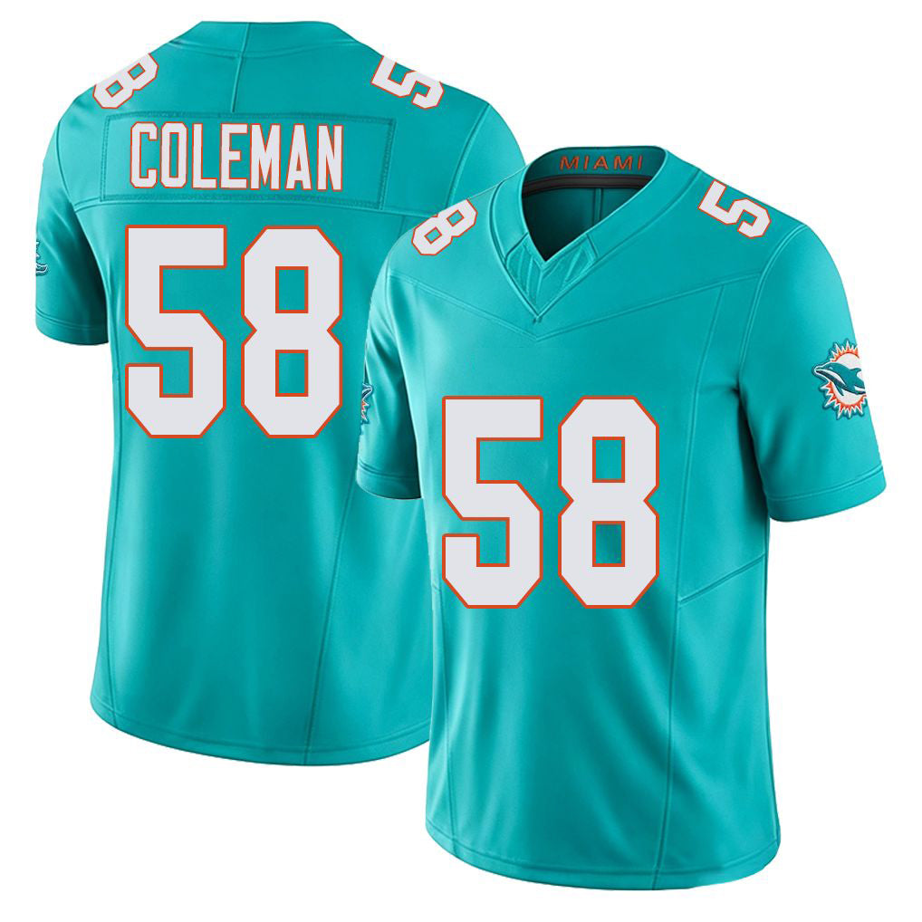 Miami #58 Coleman Player Football V Neck Short Sleeve Jersey Aqua Seth For Men Youth Women Gift