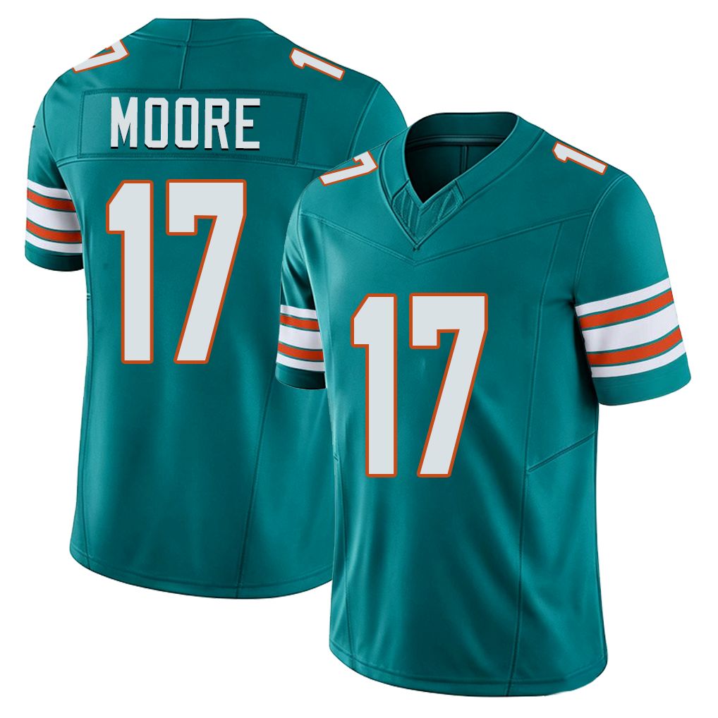 Miami #17 Moore Player Football V Neck Short Sleeve Aqua Jersey Trey For Men Youth Women Gift