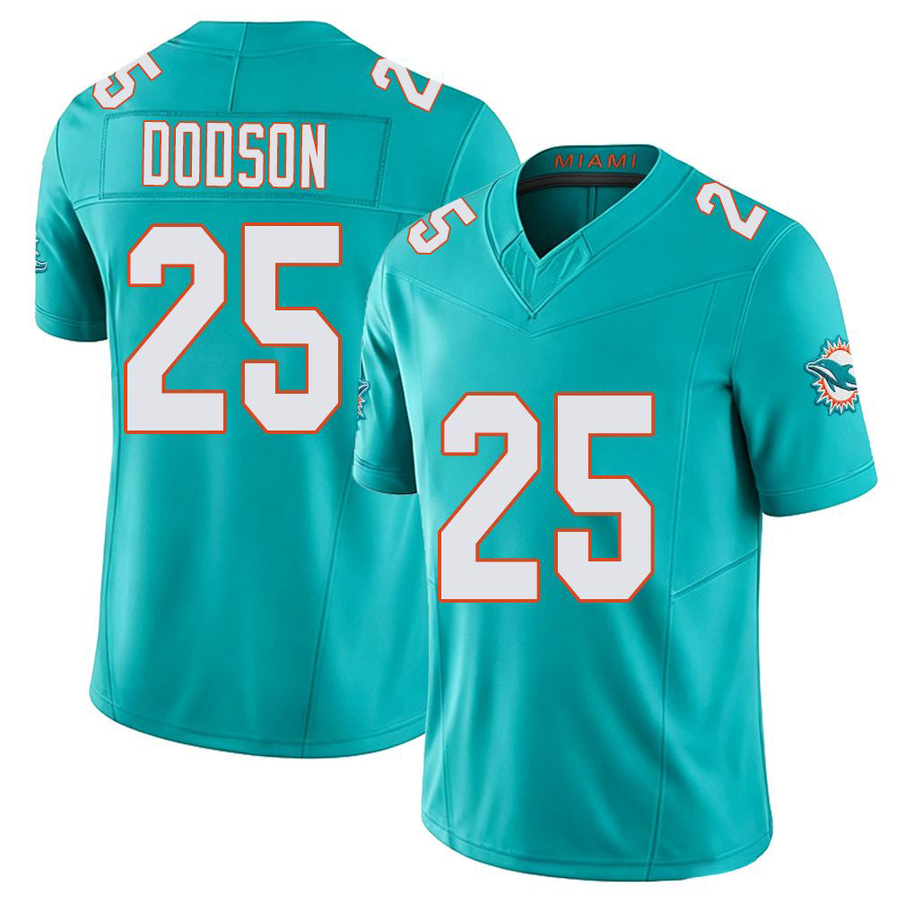 Miami #25 Dodson Player Football V Neck Short Sleeve Jersey Aqua Tyrel For Men Youth Women Gift