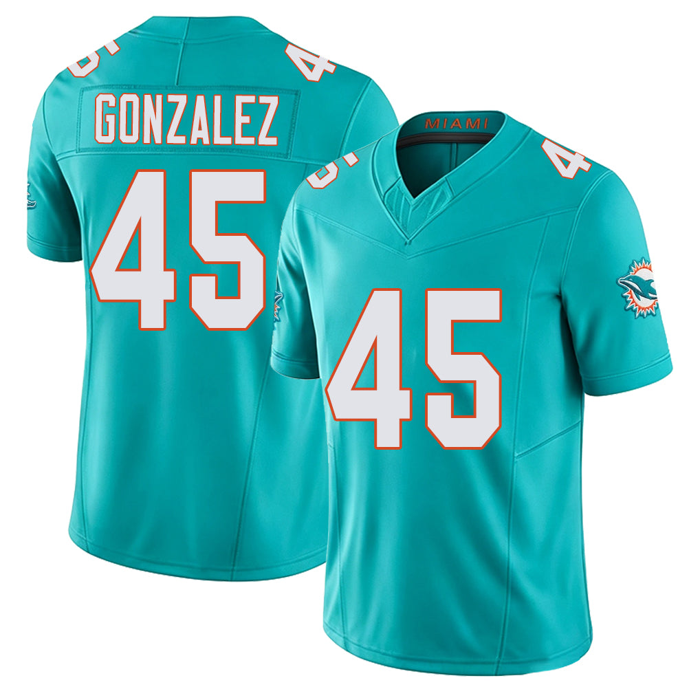 Miami #45 Gonzalez Player Football V Neck Short Sleeve Jersey Aqua Zane For Men Youth Women Gift