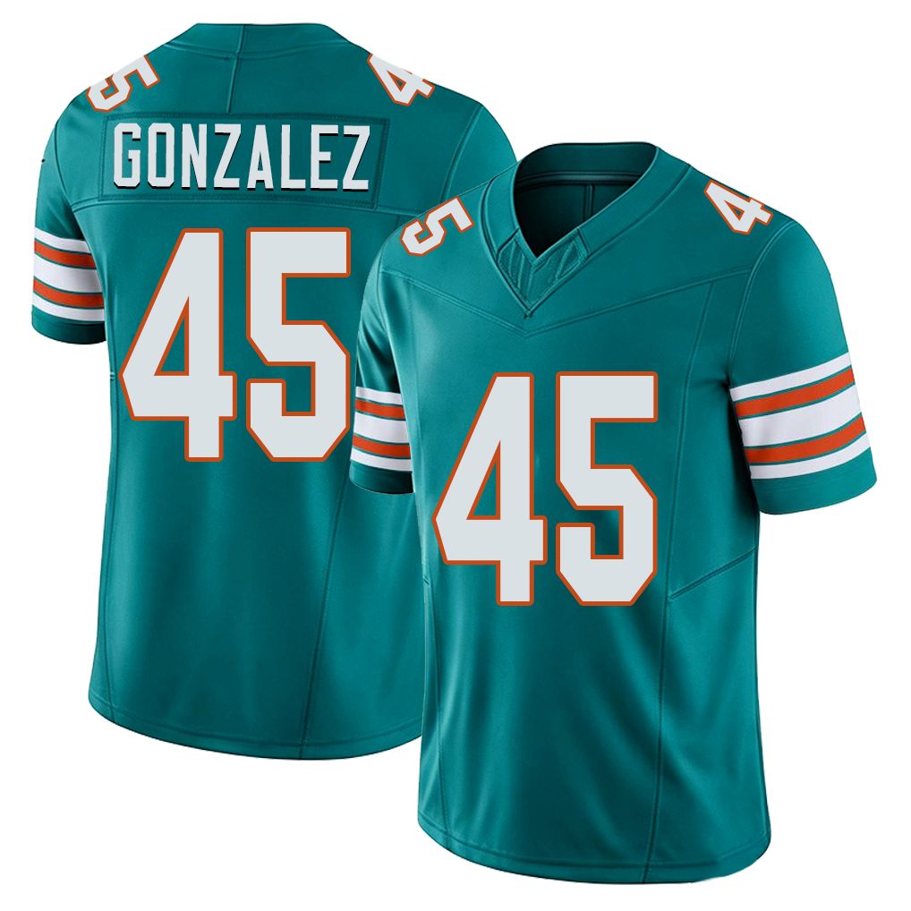 Miami #45 Gonzalez Player Football V Neck Short Sleeve Aqua Jersey Zane For Men Youth Women Gift