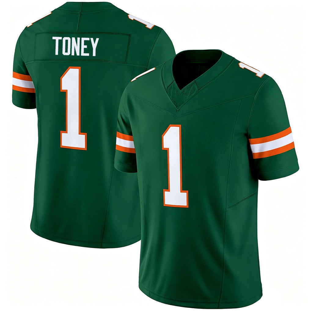 Miami FL #1 Toney Player College Football V Neck Short Sleeve Green Jersey Malachi For Men Youth Women