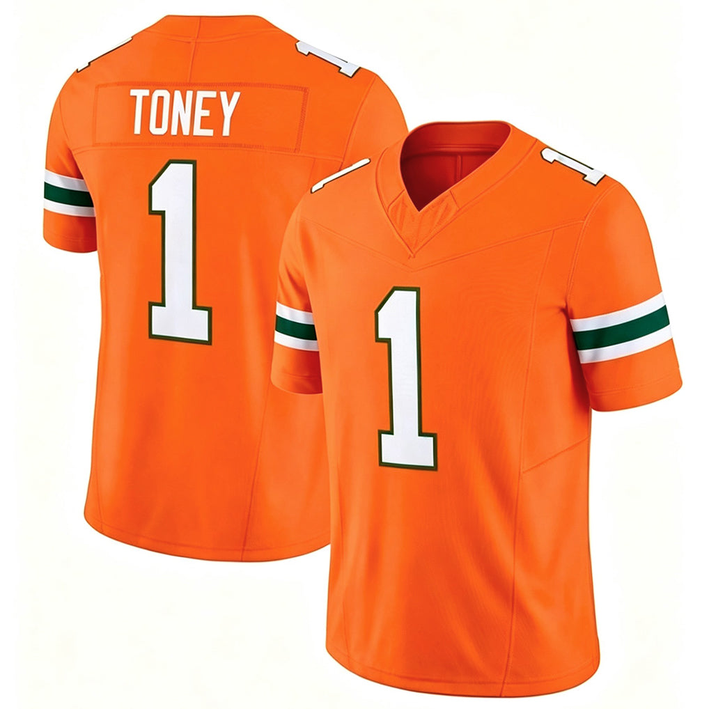 Miami FL #1 Toney Player College Football V Neck Short Sleeve Orange Jersey Malachi For Men Youth Women