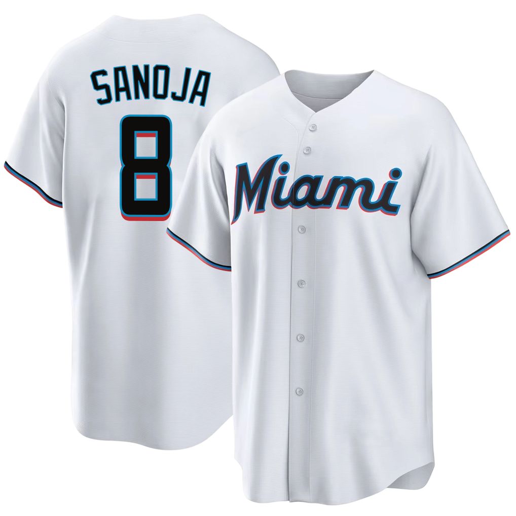 Miami #8 Sanoja Player Baseball Short Sleeve White Jersey Javier For Men Women Youth Gift