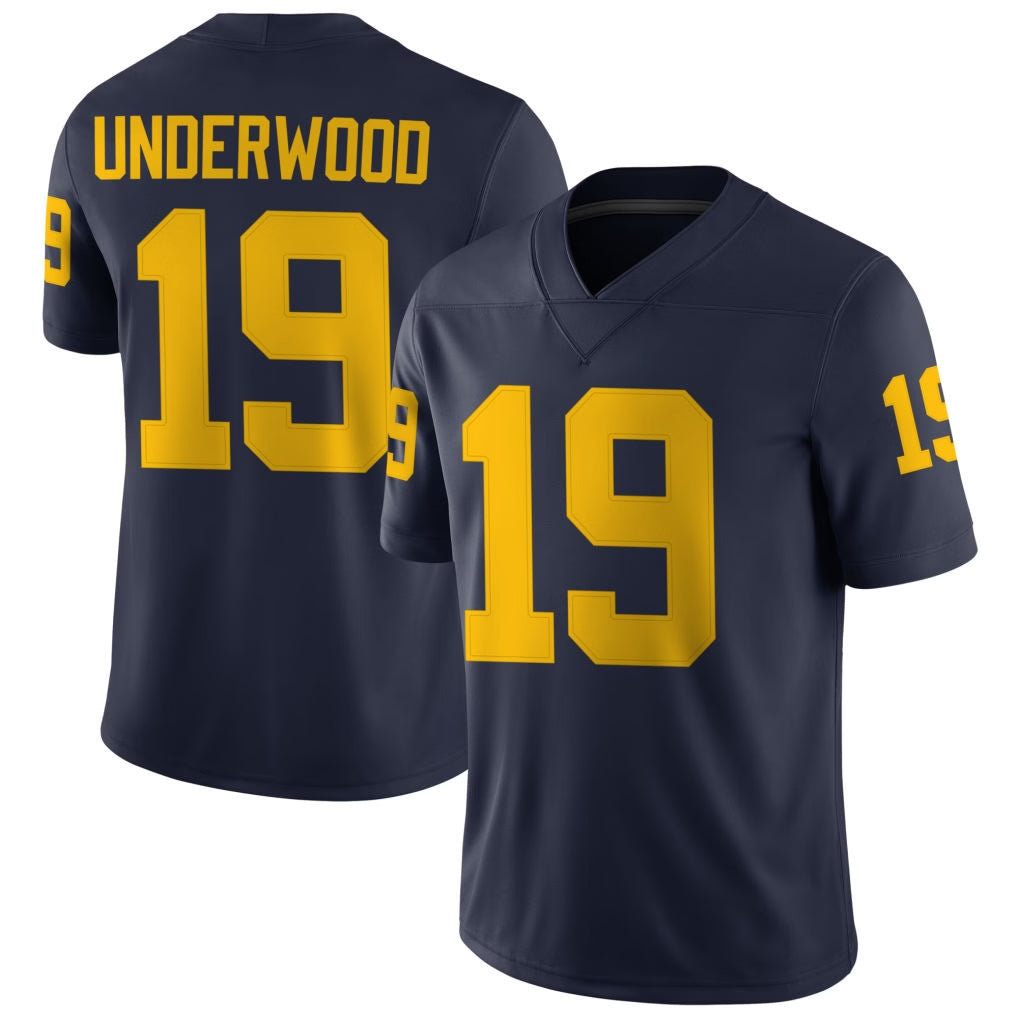 Michigan #19 Underwood Player College Football V Neck Short Sleeve Navy Jersey Bryce For Men Youth Women