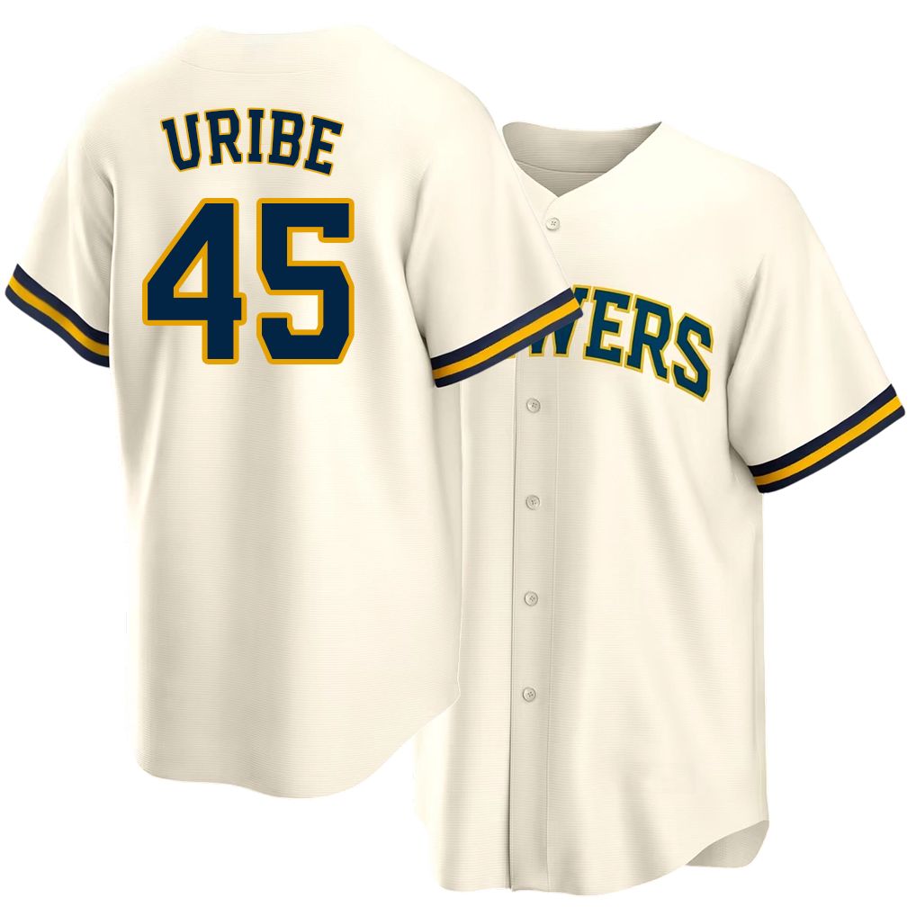 Milwaukee #45 Uribe Player Baseball Short Sleeve Cream Jersey Abner For Men Women Youth Gift
