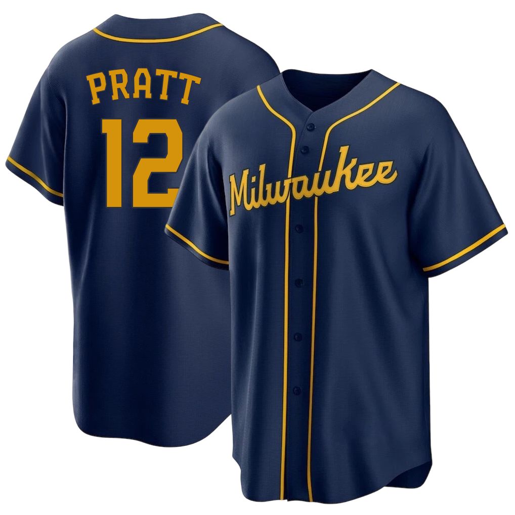 Milwaukee #12 Pratt Player Baseball Short Sleeve Navy Jersey Cooper For Men Women Youth Gift