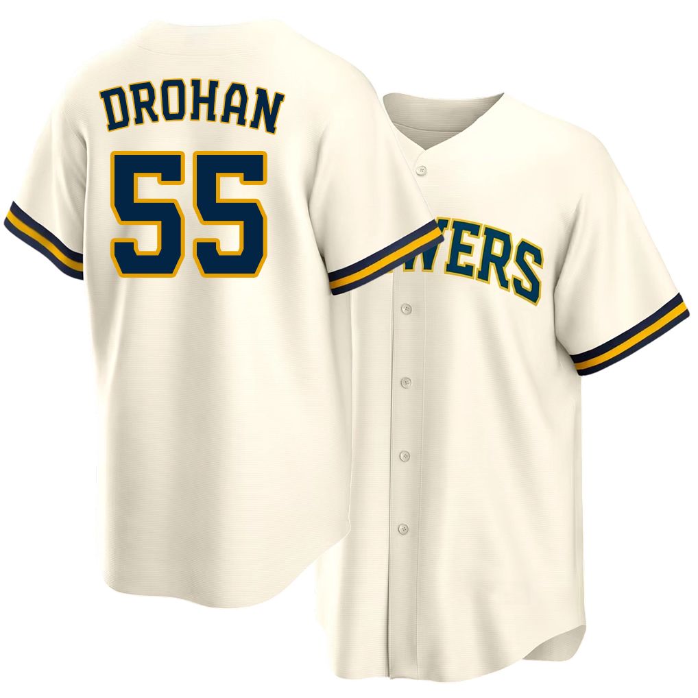 Milwaukee #55 Drohan Player Baseball Short Sleeve Cream Jersey Shane For Men Women Youth Gift