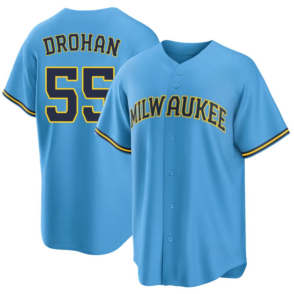 Milwaukee #55 Drohan Player Baseball Short Sleeve Light Blue Jersey Shane For Men Women Youth Gift