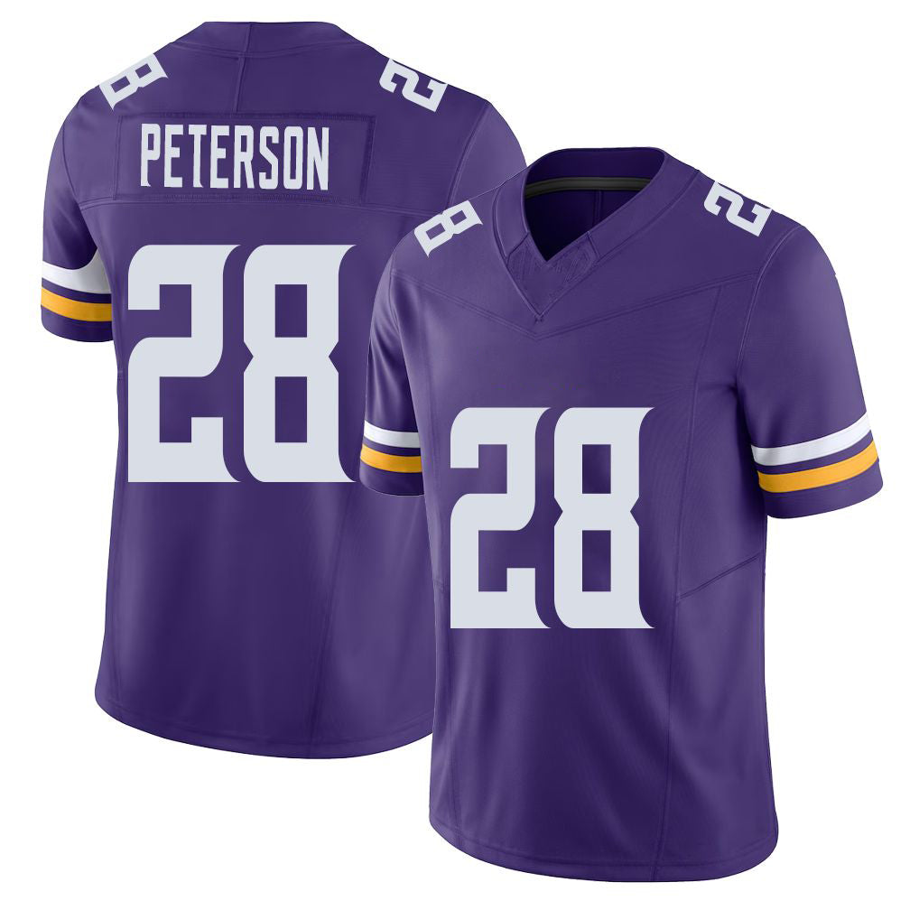 Minnesota #28 Peterson Player Football V Neck Short Sleeve Jersey Purple Adrian For Men Youth Women Gift