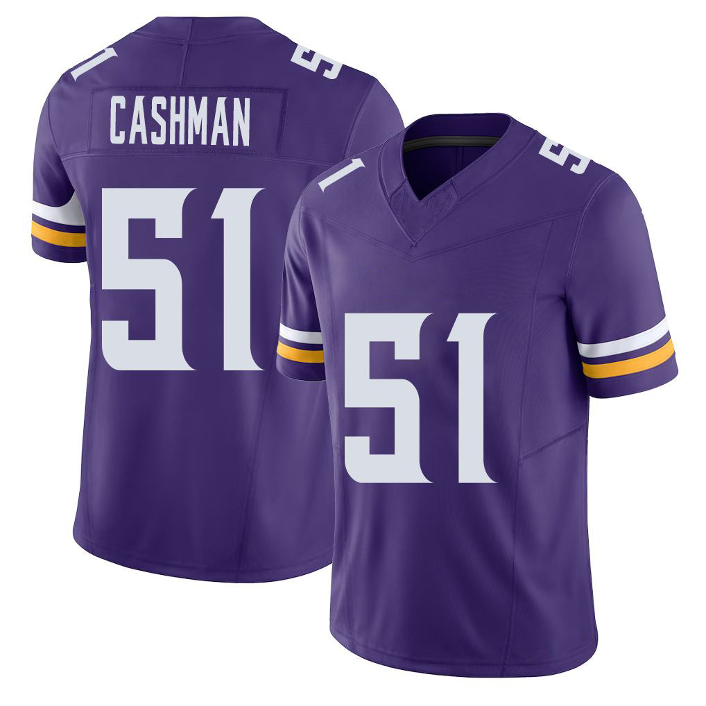 Minnesota #51 Cashman Player Football V Neck Short Sleeve Jersey Purple Blake For Men Youth Women Gift