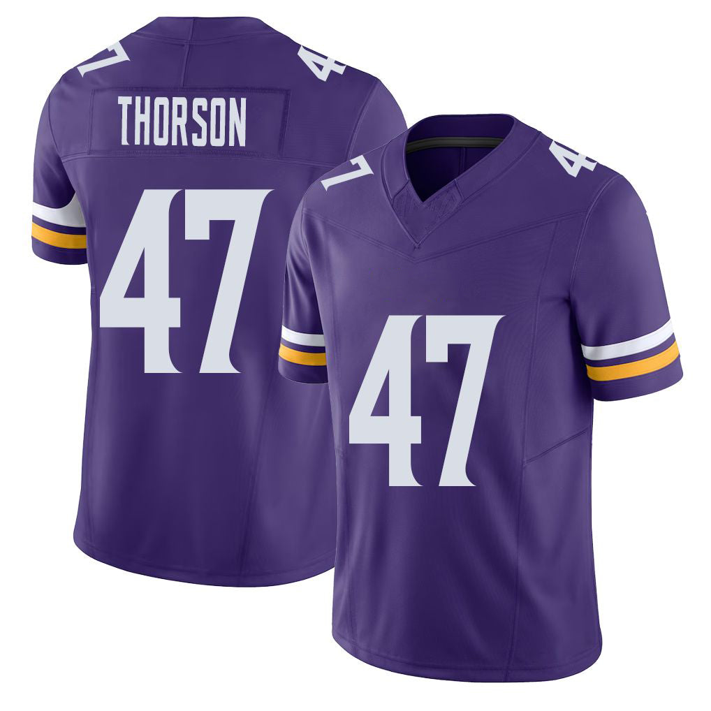 Minnesota #47 Thorson Player Football V Neck Short Sleeve Jersey Purple Brett For Men Youth Women Gift