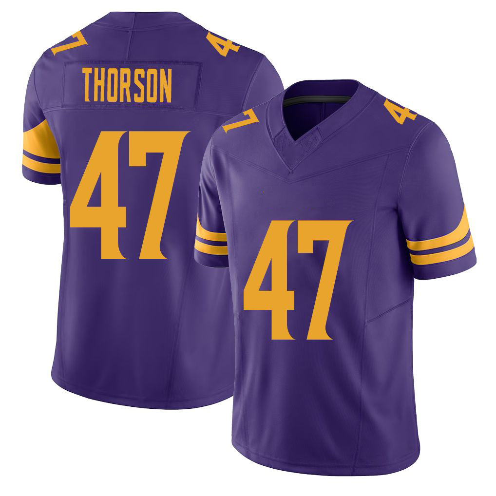 Minnesota #47 Thorson Purple Player Football V Neck Short Sleeve Jersey Brett For Men Youth Women Gift