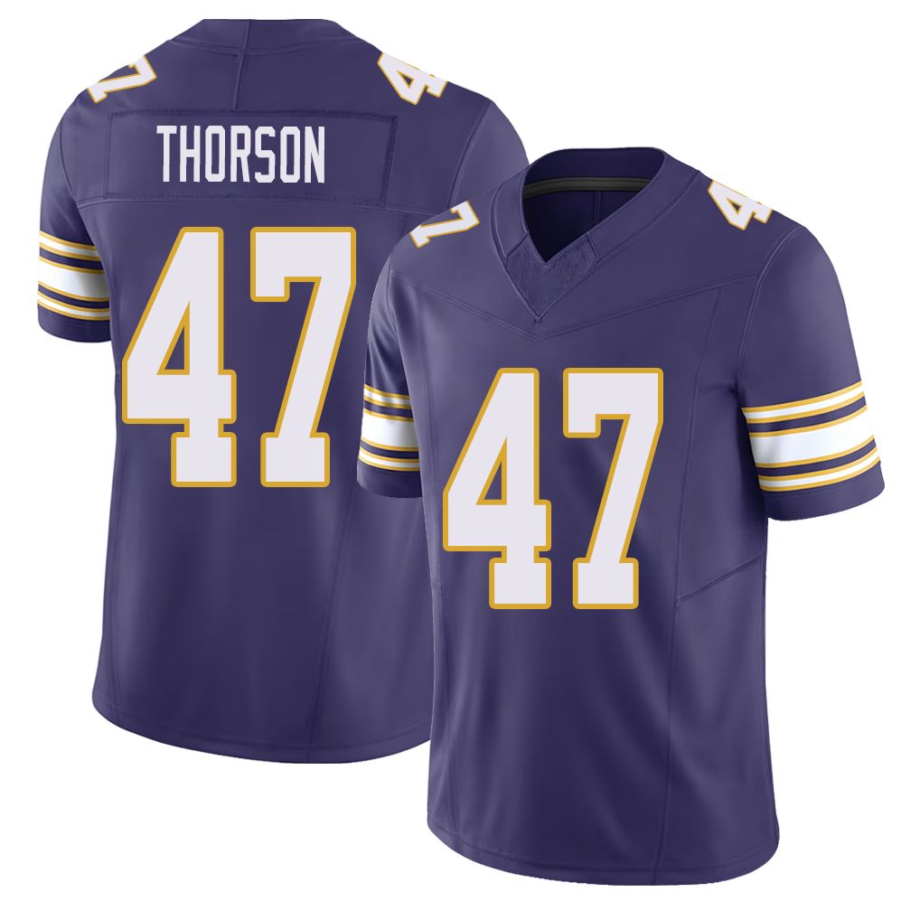 Minnesota #47 Thorson Player Football V Neck Short Sleeve Purple Jersey Brett For Men Youth Women Gift