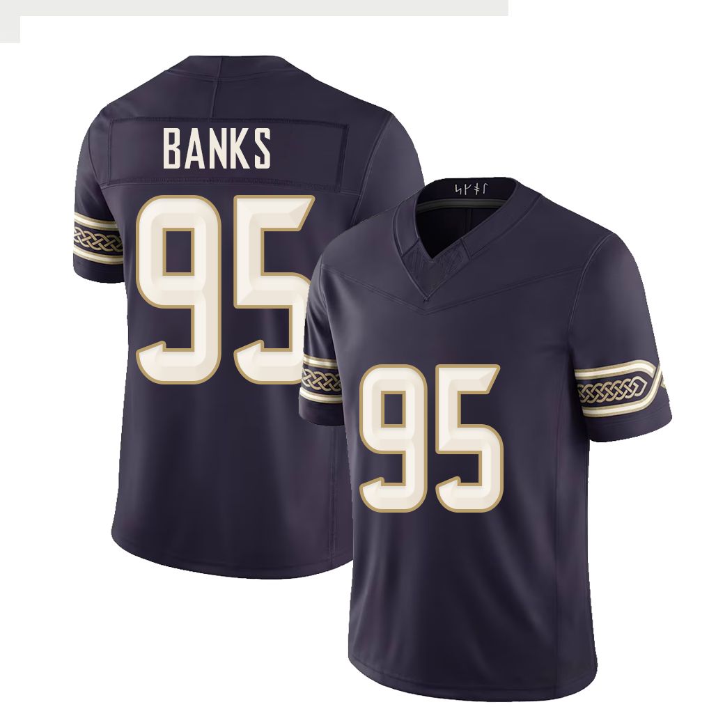 Minnesota #95 Banks Player Football V Neck Short Sleeve Purple Jersey Caleb For Men Youth Women Gift
