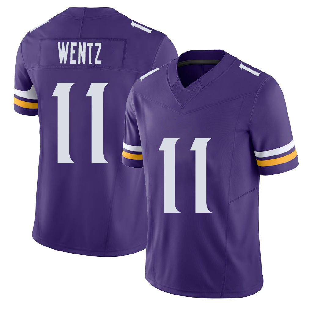 Minnesota #11 Wentz Player Football V Neck Short Sleeve Jersey Purple Carson For Men Youth Women Gift
