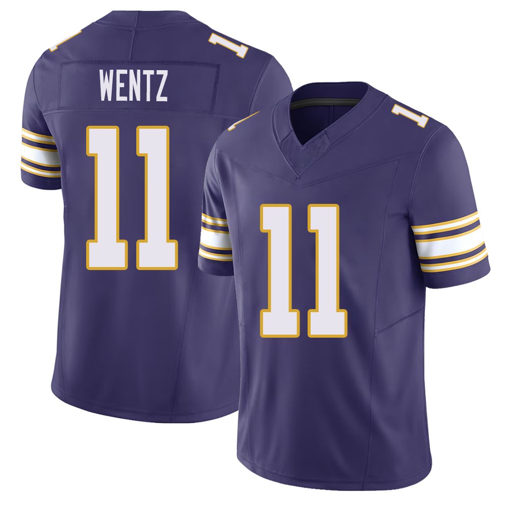 Minnesota #11 Wentz Player Football V Neck Short Sleeve Purple Jersey Carson For Men Youth Women Gift