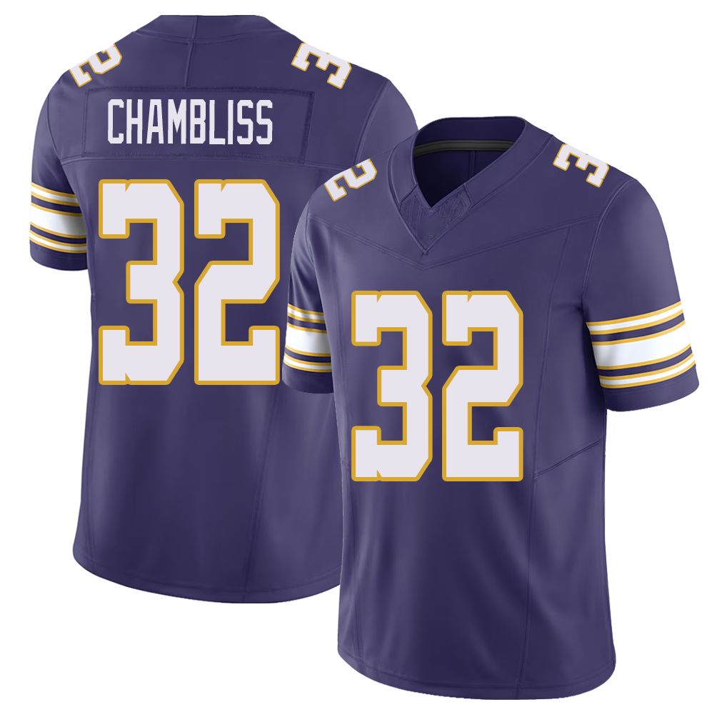 Minnesota #32 Chambliss Player Football V Neck Short Sleeve Purple Jersey Chaz For Men Youth Women Gift