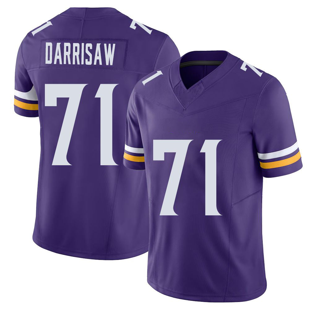 Minnesota #71 Darrisaw Player Football V Neck Short Sleeve Jersey Purple Christian For Men Youth Women Gift